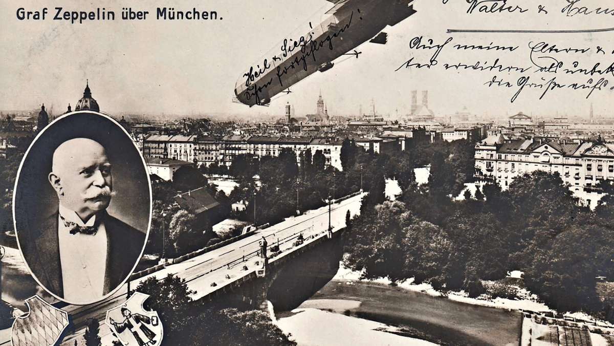 Historische Postkasten-Korrespondenz: Zeppelin-Landung in München wird in Leonberg gefeiert