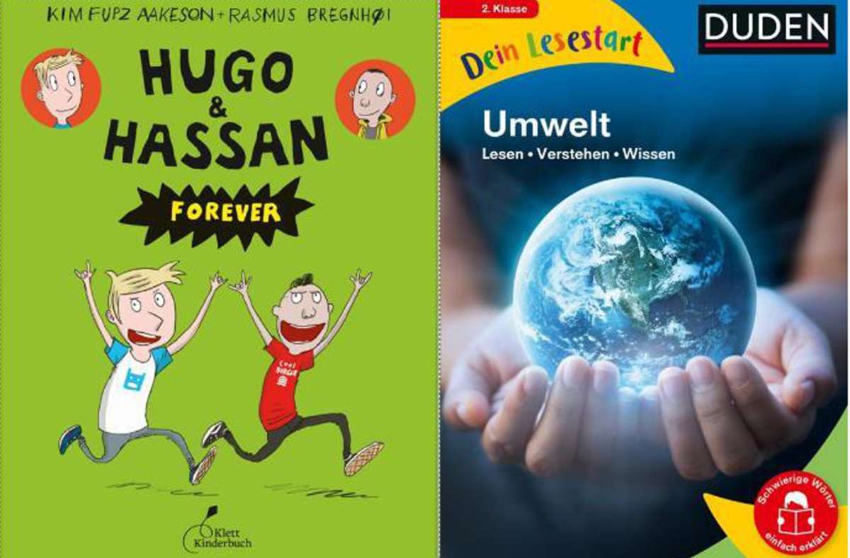 Diese Bücher können zum Lesen verführen: die Serie mit den coolen Comic-Chaoten „Hugo & Hassan“ und die Lesestart-Reihe des Duden-Verlags mit Wissensthemen. Foto: Klett-Kinderbuch/Duden-Verlag