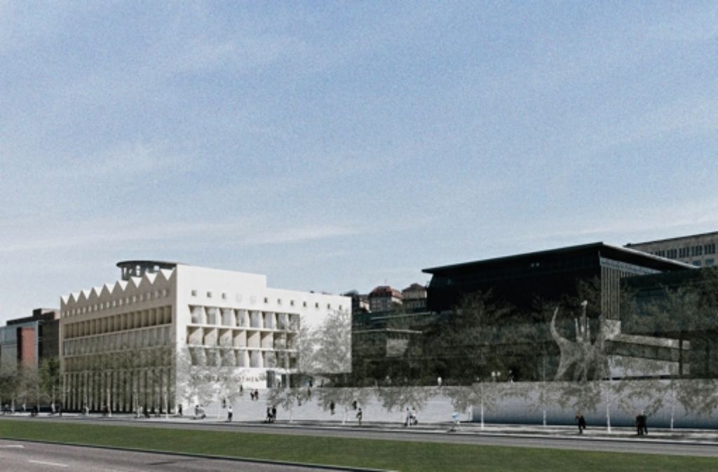 So soll der geplante Anbau aussehen, dahinter ist in der Illustration der Turm der Musikhochschule zu erkennen. Foto: Aldinger und Wolff