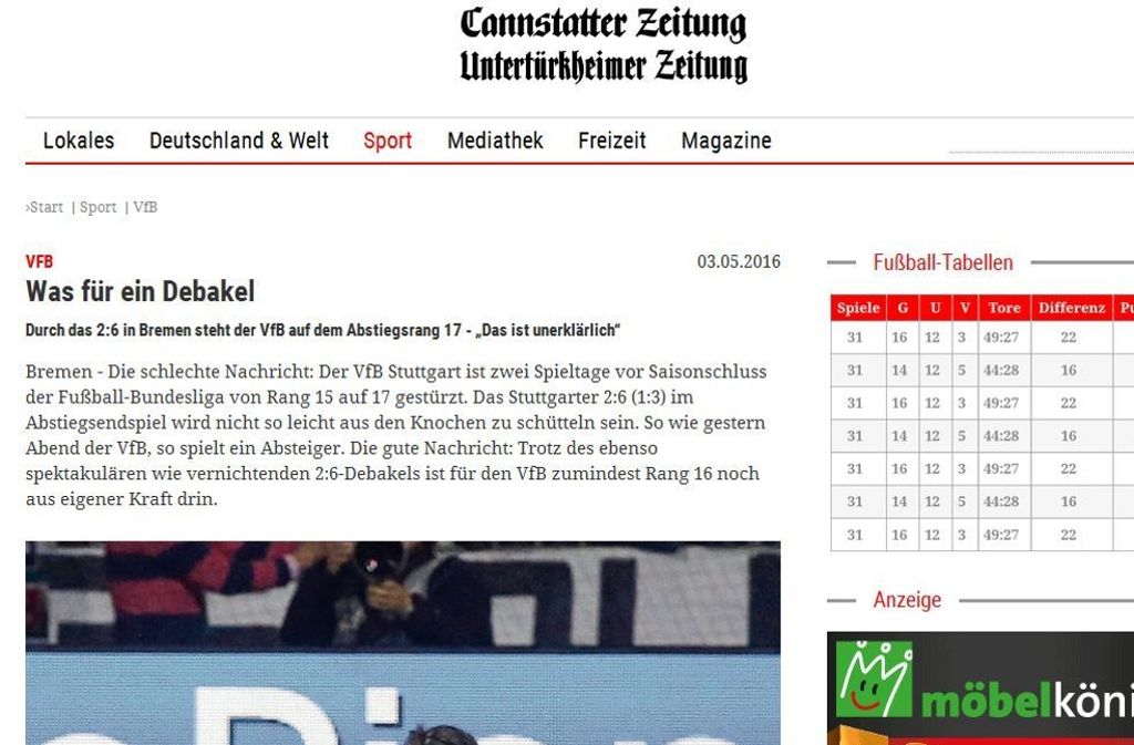 Trotz des gestrigen „Debakels“ – wie die „Cannstatter Zeitung“ titelt – sei für den VfB zumindest Rang 16 noch aus eigener Kraft drin. Allerdings hält der Redakteur Siege gegen Mainz und Wolfsburg „nach der gestrigen Darbietung für nur schwer vorstellbar“.