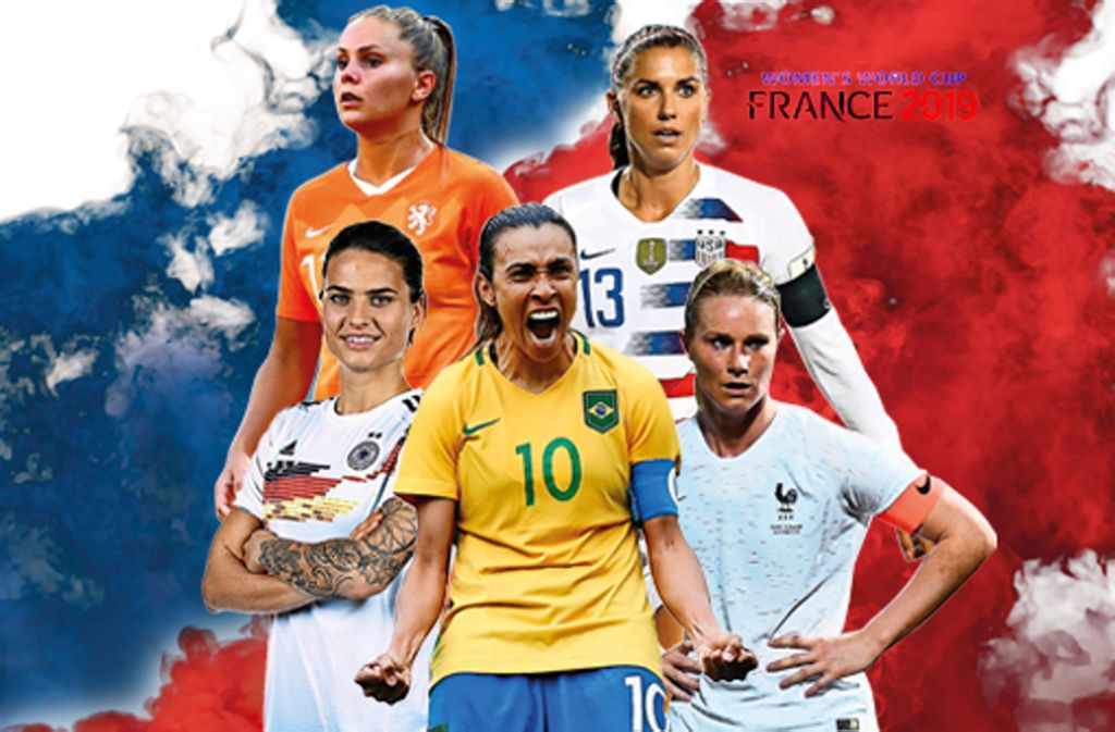 Die potenziellen WM-Stars der Titelkämpfe in Frankreich: Lieke Martens (Niederlande), Alex Morgan (USA), Amadine Henry (Frankreich), Marta (Brasilien) und Dzenifer Marozsan (Deutschland/von li. oben im Uhrzeigersinn)