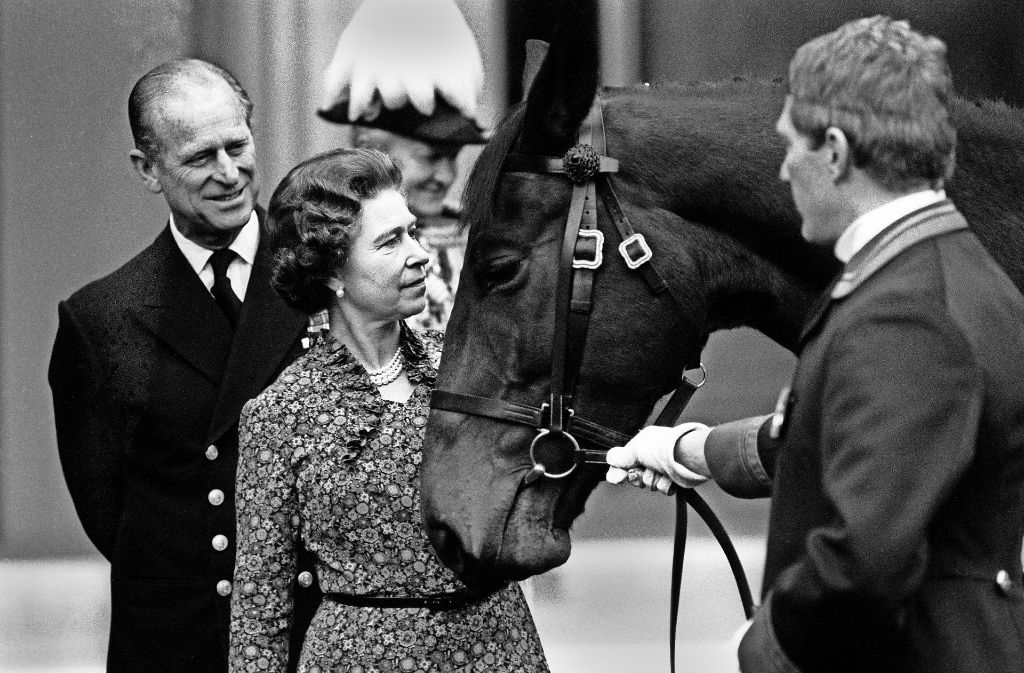 Elizabeth und Philip begutachten im November 1982 in London ein Kutschpferd. Für Pferde kann sich die Königin fast so begeistern wie für ihren Ehegatten.