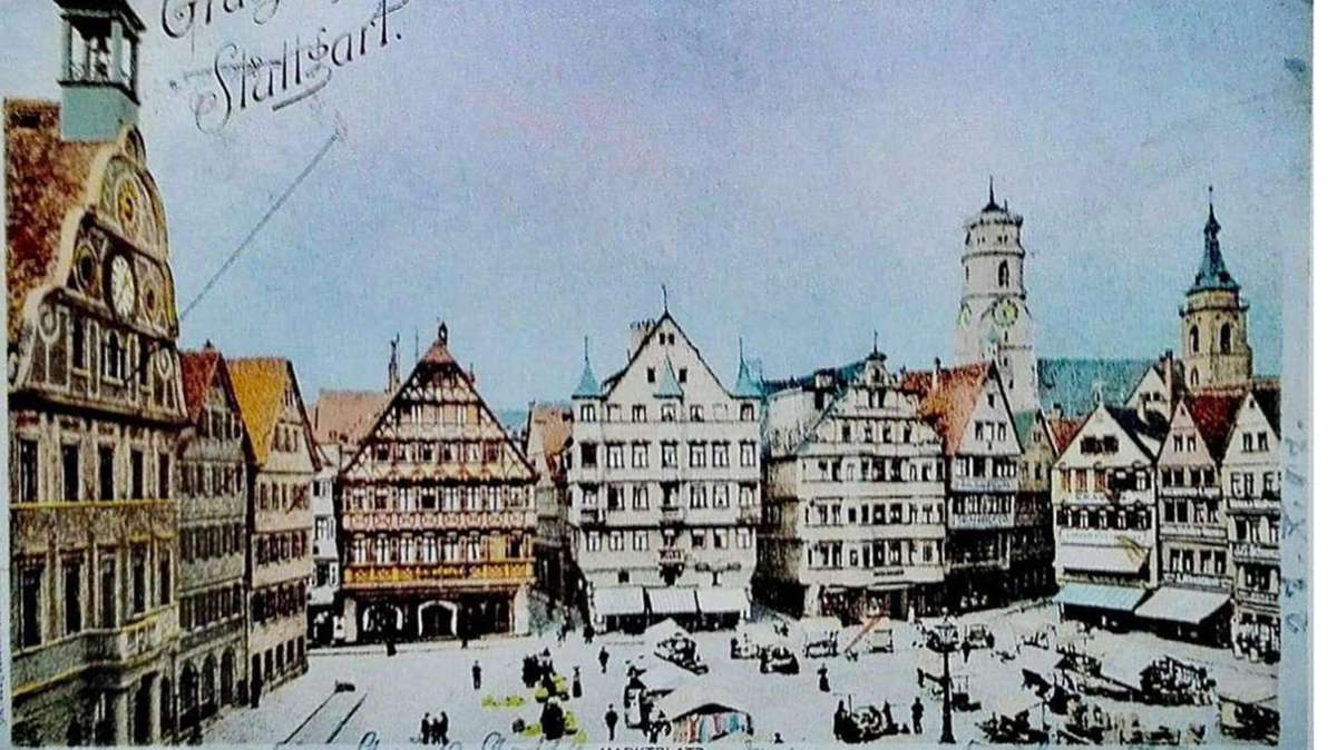Diese Ansicht vom Stuttgarter Marktplatz mit dem alten Rathaus (links) stammt vermutlich aus dem Jahr 1890. Rechts ist Spielwaren Kurtz zu sehen.