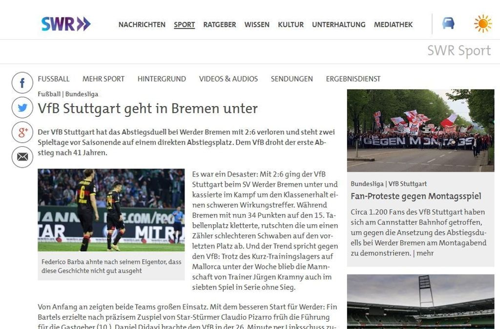 Das Team der „SWR“-Sportredaktion fasste das Spiel aus VfB-Sicht kurz zusammen. „Es war ein Desaster“. Im weiteren Spielverlauf habe man zudem gesehen, „dass beide Clubs die schlechtesten Abwehrreihen der Liga haben“.