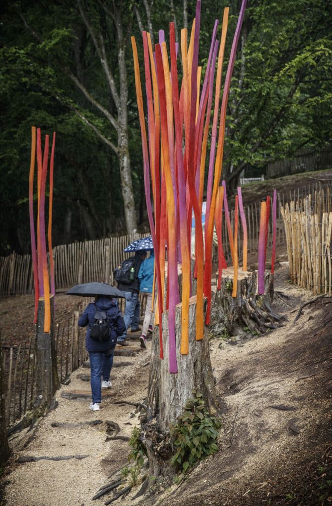 Aus abgeholzten Stämmen flammt neues Leben: das Kunstwerk „Lebens-Ader“ von Gabi Kuch