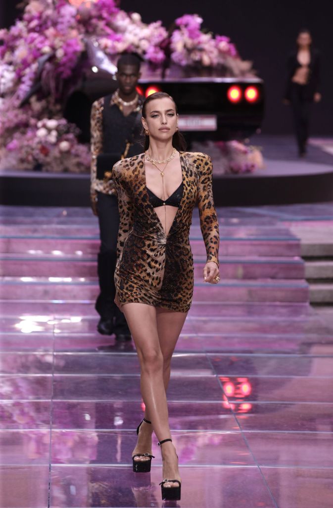 Der Raubkatzen-Look wird wohl nie aussterben: Hier trägt Topmodel Irina Shayk ein weit ausgeschnittenes Teil von Versace.