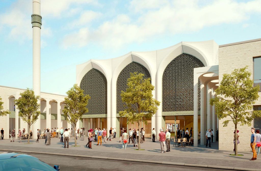 Von der Gemeinde sehnlichst erwartet: So soll die neue Ditib-Moschee an der Mauserstraße in wenigen Jahren aussehen, mit Vorplatz und Nebengebäuden.Visualisierung: SL Rasch GmbH