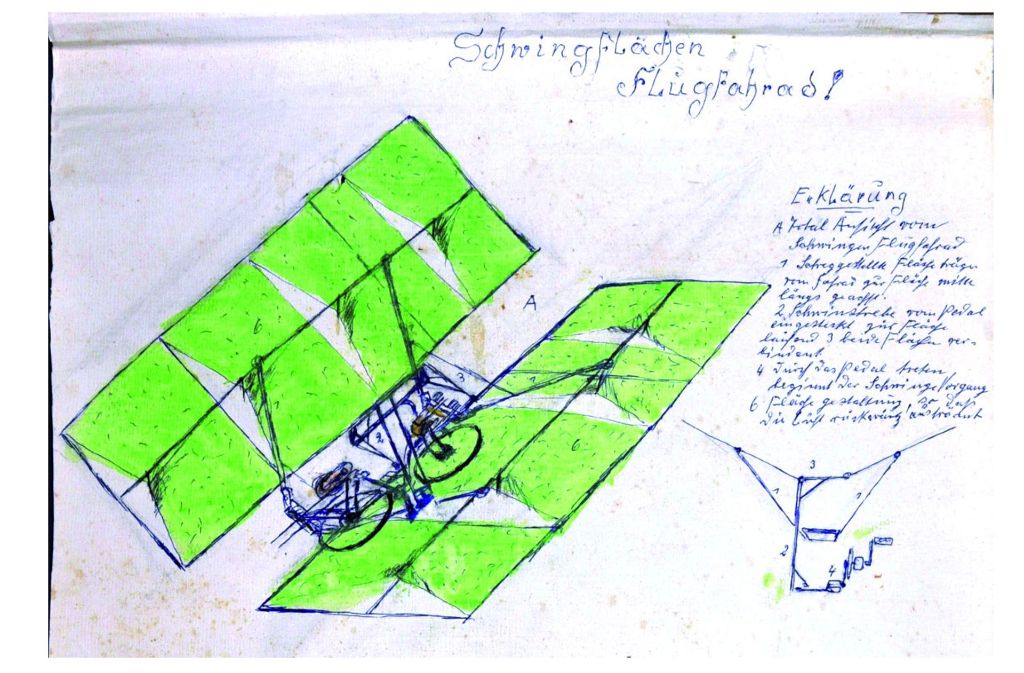 Handschriftlich erläutert Mesmer die Funktionsweise seiner Flugkonstruktionen. Die Modelle blieben immer am Boden.