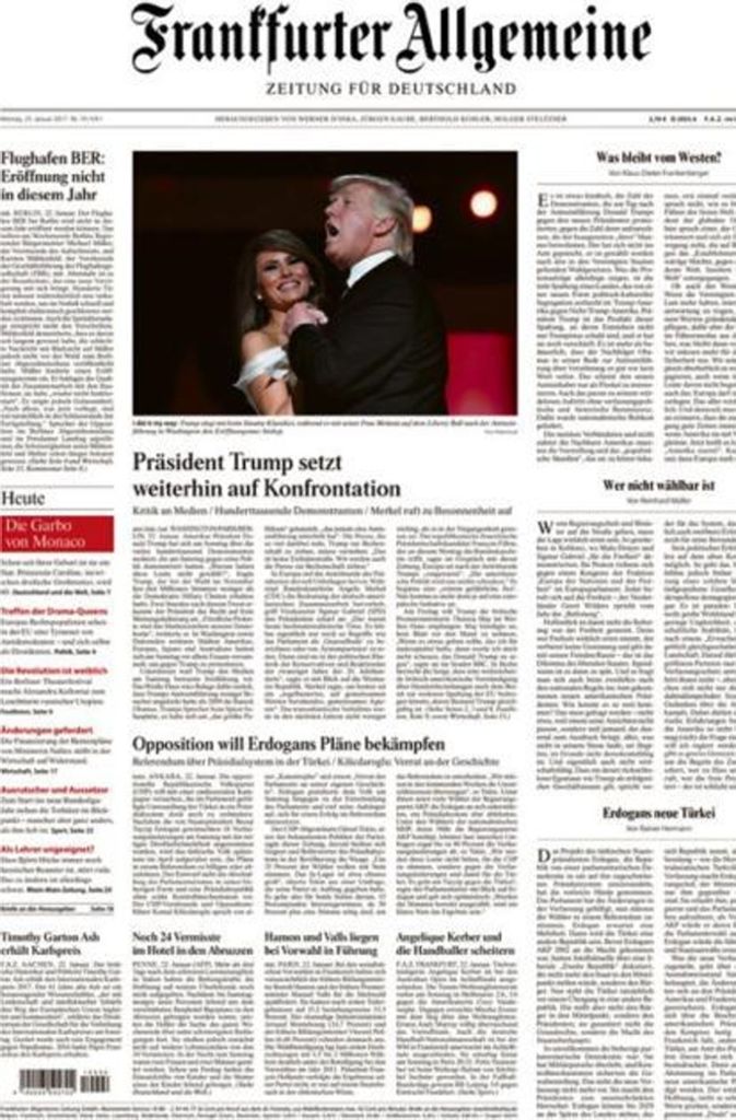 Die Frankfurter Allgemeine Zeitung zeigt ein Bild des neuen US-Präsidenten beim Ball am Abend der Amtseinführung. Für seinen ersten Tanz mit der First Lady Melania Trump wählte der 45. Präsident Frank Sinatras „My Way“.