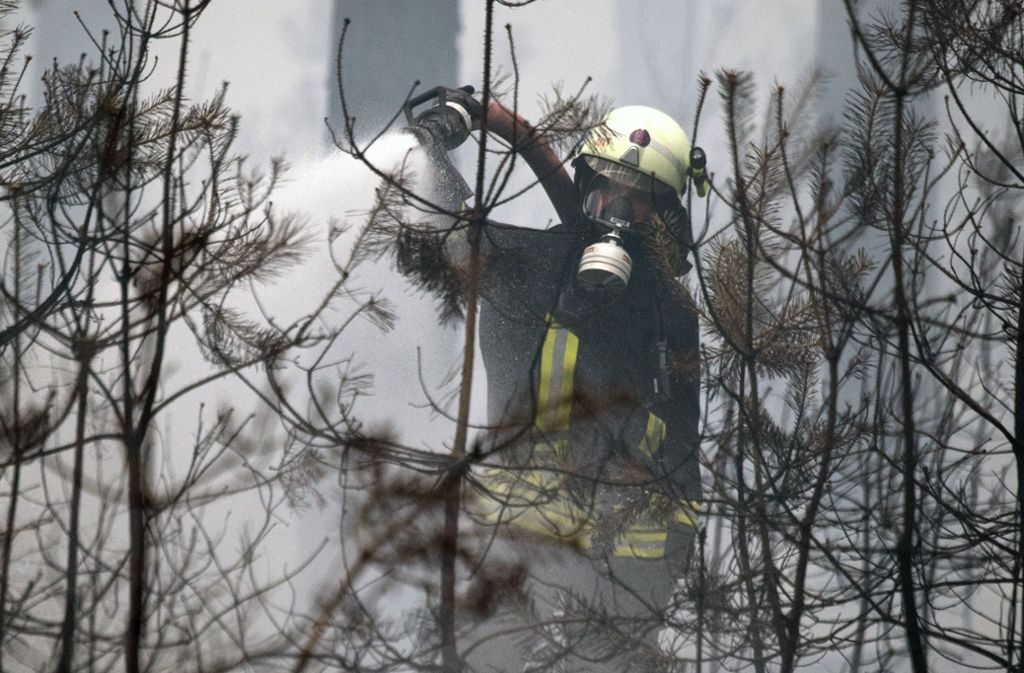 Feuerwehrmänner kämpfen bei Berlin gegen die Waldbrände.