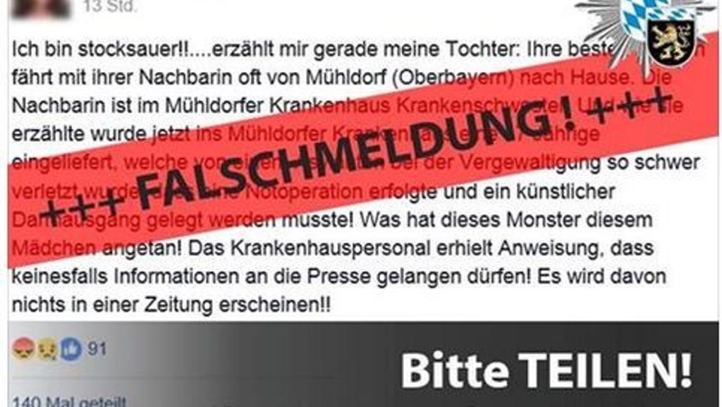  „Diese Meldung ist falsch“: So offensiv geht die Polizei Oberbayern Süd auf ihrer Facebook-Seite gegen Falschmeldungen im Internet und in den Sozialen Netzwerken vor. 