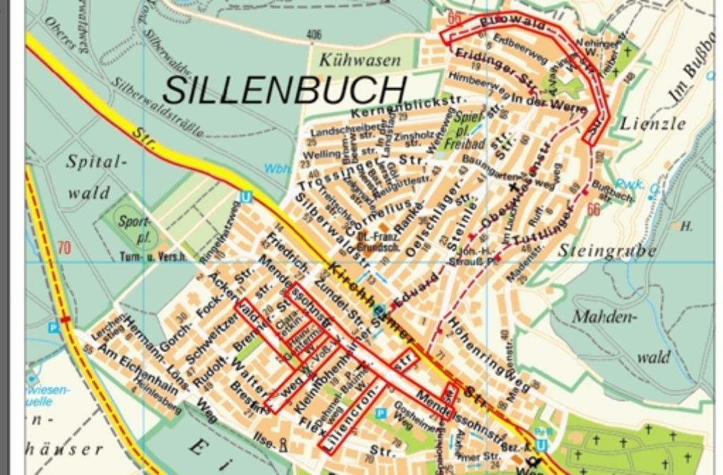 Die betroffenen Straßen (rot markiert) in Sillenbuch
