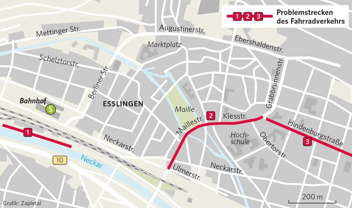 Die drei größten Knackpunkte im Esslinger Radverkehr: die Schiebestrecke am Neckaruferweg (1), die Kiesstraße (2) und die Markierung der Hindenburgstraße (3).
