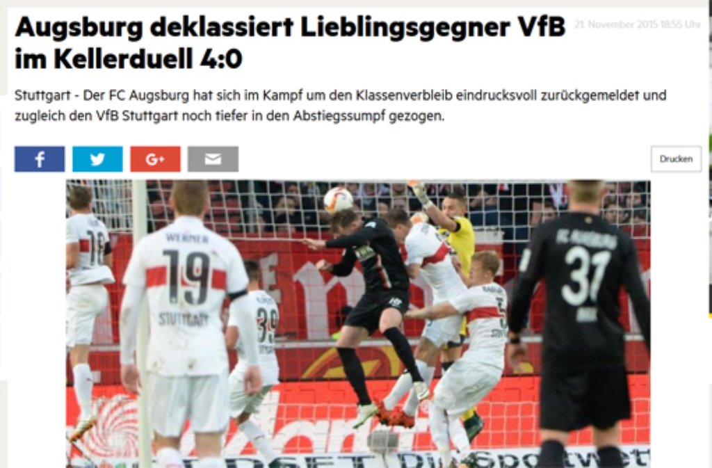 Der Stern schreibt: "Augsburg deklassiert Lieblingsgegner VfB im Kellerduell 4:0".