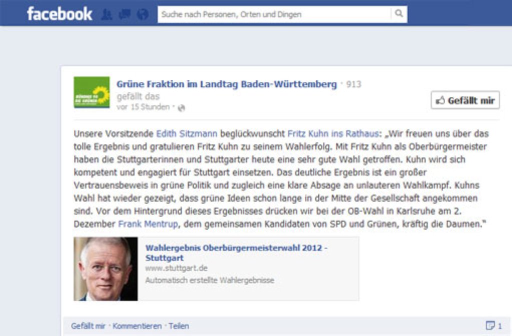 Munterer geht es auf der Facebook-Seite der Grünen-Fraktion im Landtag zu: "Wir freuen uns über das tolle Ergebnis und gratulieren Fritz Kuhn zu seinem Wahlerfolg. Mit Fritz Kuhn als Oberbürgermeister haben die Stuttgarterinnen und Stuttgarter heute eine sehr gute Wahl getroffen."