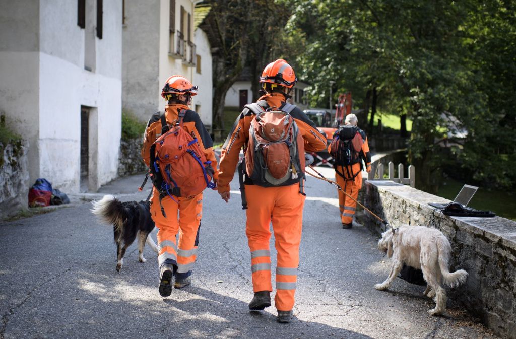 Mit Rettungshunden suchen die Rettungskräfte intensiv nach den Vermissten...