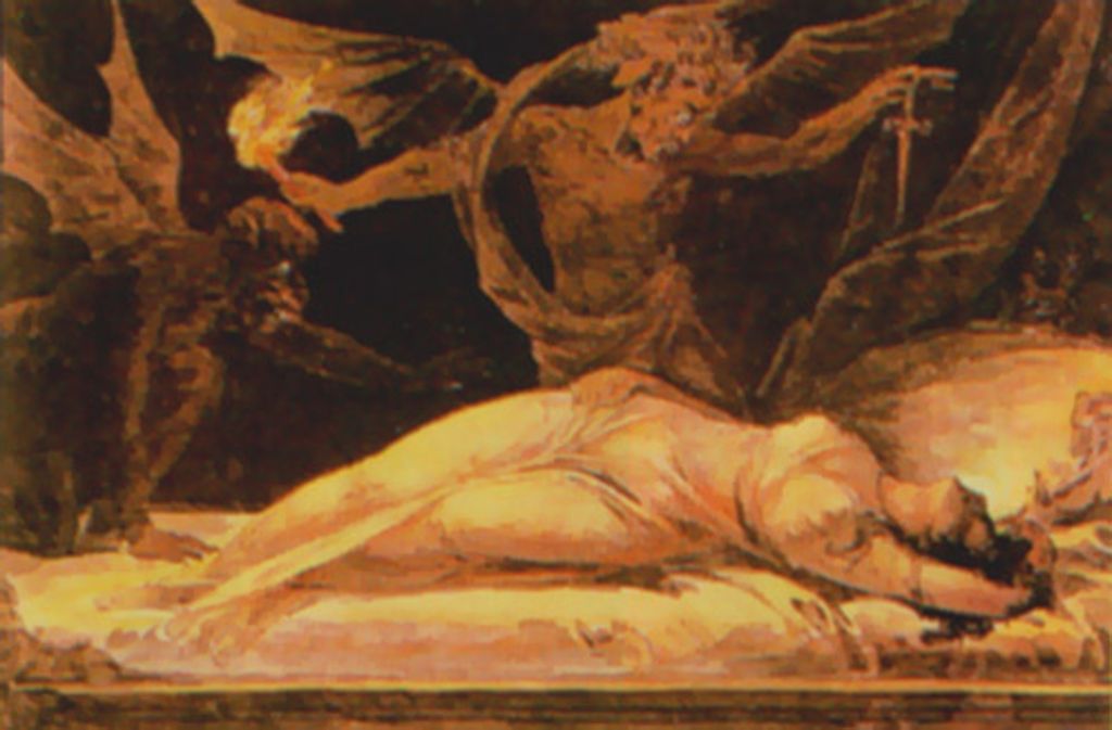 Inkubus: In der Mythologie ist ein Inkubus ein männlicher Dämon, der Albträume gebiert und sich nachts mit schlafenden Frauen paart, ohne dass diese etwas davon bemerken (Aquarell von Charles Walker, 1870).