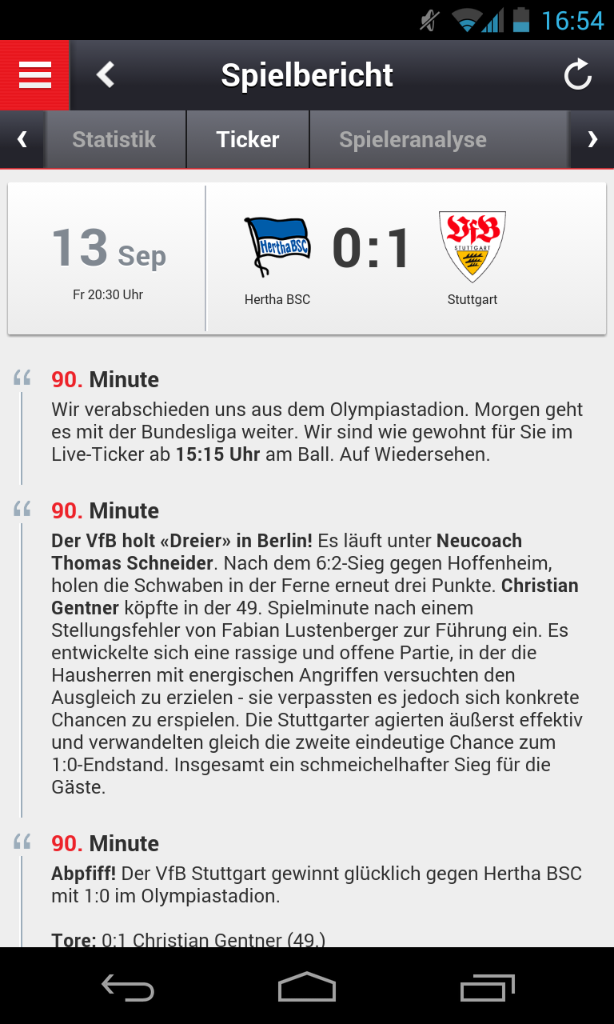 So sieht die "Mein VfB"-App im Android-Betriebssystem aus.
