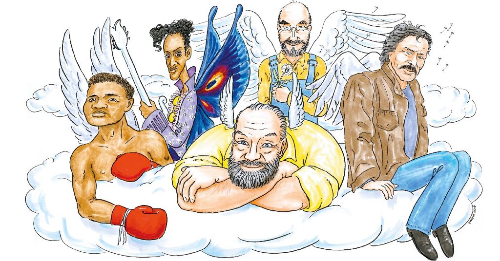 Passen jetzt von oben auf uns auf: Muhammad Ali, Prince, Bud Spencer, Peter Lustig und Götz George (v. li.). Illustration: Yann Lange