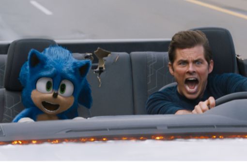 Sonic der Wunderigel und sein neuer Menschenkumpel (James Marsden) sind etwas zu schnell unterwegs. Foto: Paramount Pictures/Sega of America