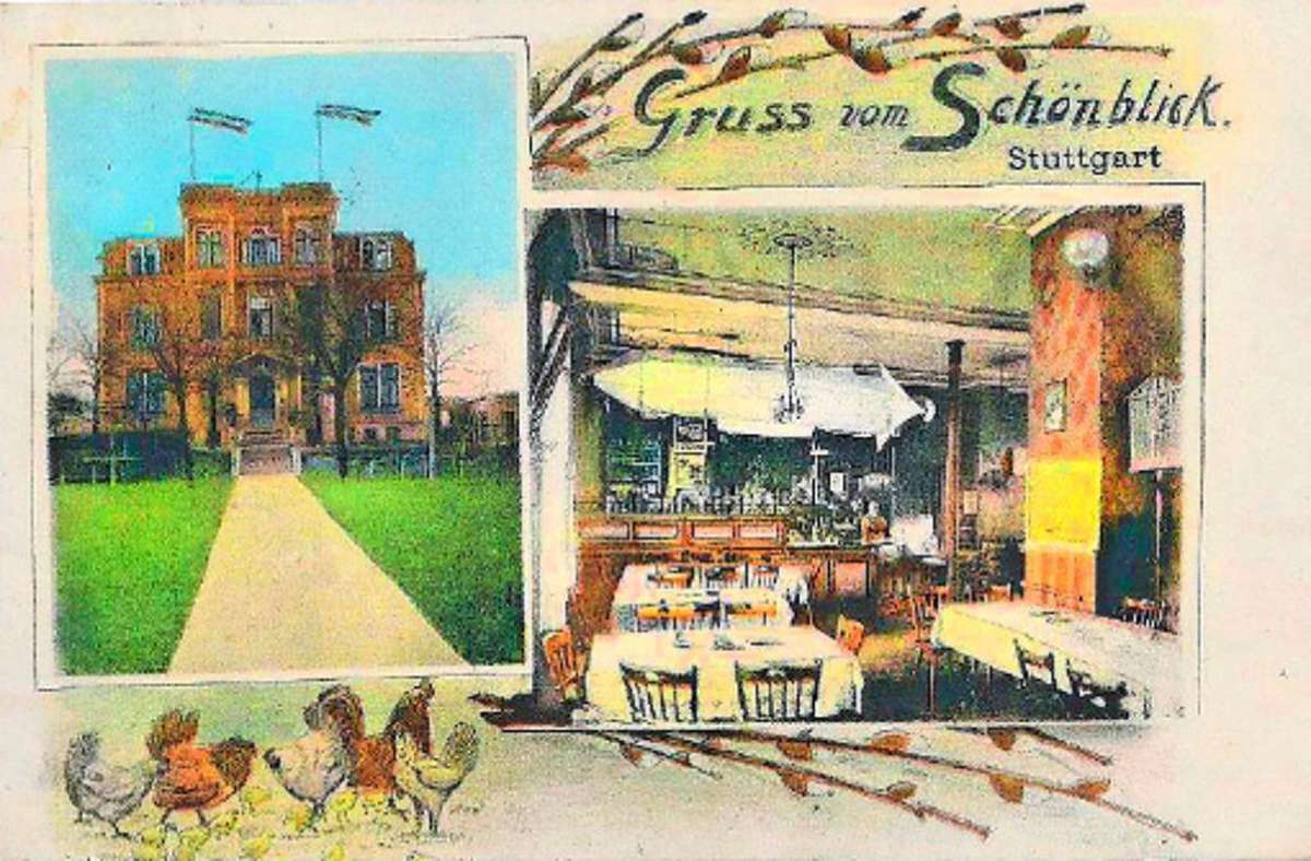 1931 - Ländliche Idylle mit Hühnern im Höhenrestaurant Schönblick der Weißenhofsiedlung