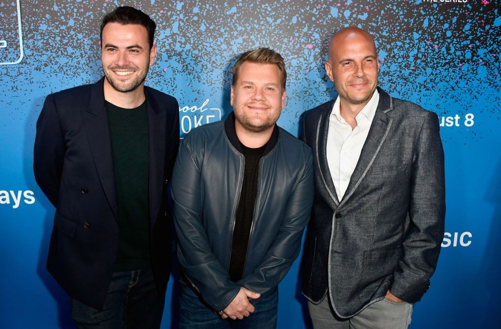 Die Produzenten der neuen Carpool Karaoke-Serie Ben Winston, James Cordon und Eric Pankowski (v.r.n.l.), waren ebenfalls auf der Feier in Los Angeles.