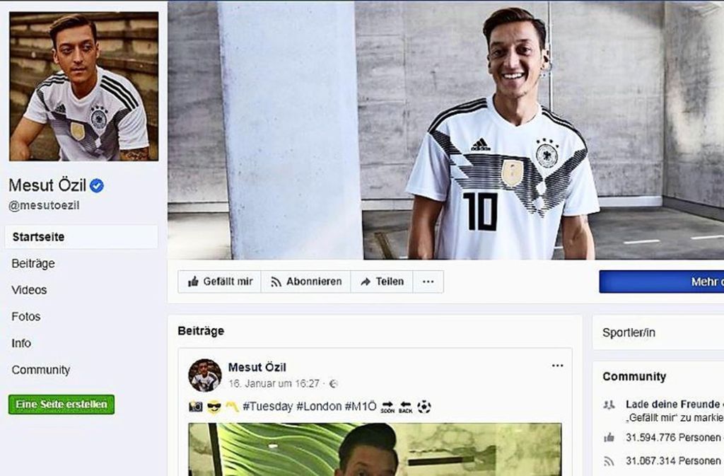 Das beliebteste Facebook-Profil aus Deutschland gehört Mesut Özil: Er hat 31 Millionen Fans.