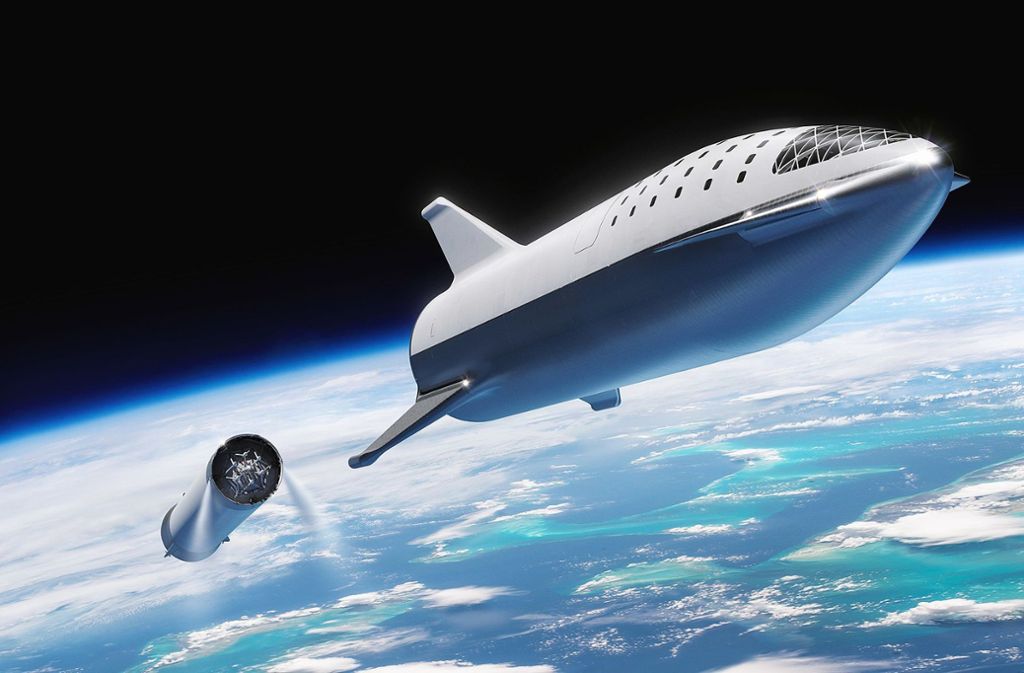 Künstlerische Darstellung von Starship und Super Heavy: Es handelt sich hierbei um die obere und untere Raketenstufe des Raketenprojekts des US-amerikanischen Raumfahrtunternehmens SpaceX.
