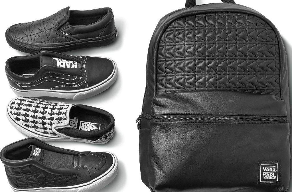 Viel schwarzes Leder und der für Chanel typische Bouclé-Stoff: So sehen Karl Lagerfelds Sneakers für Vans aus.