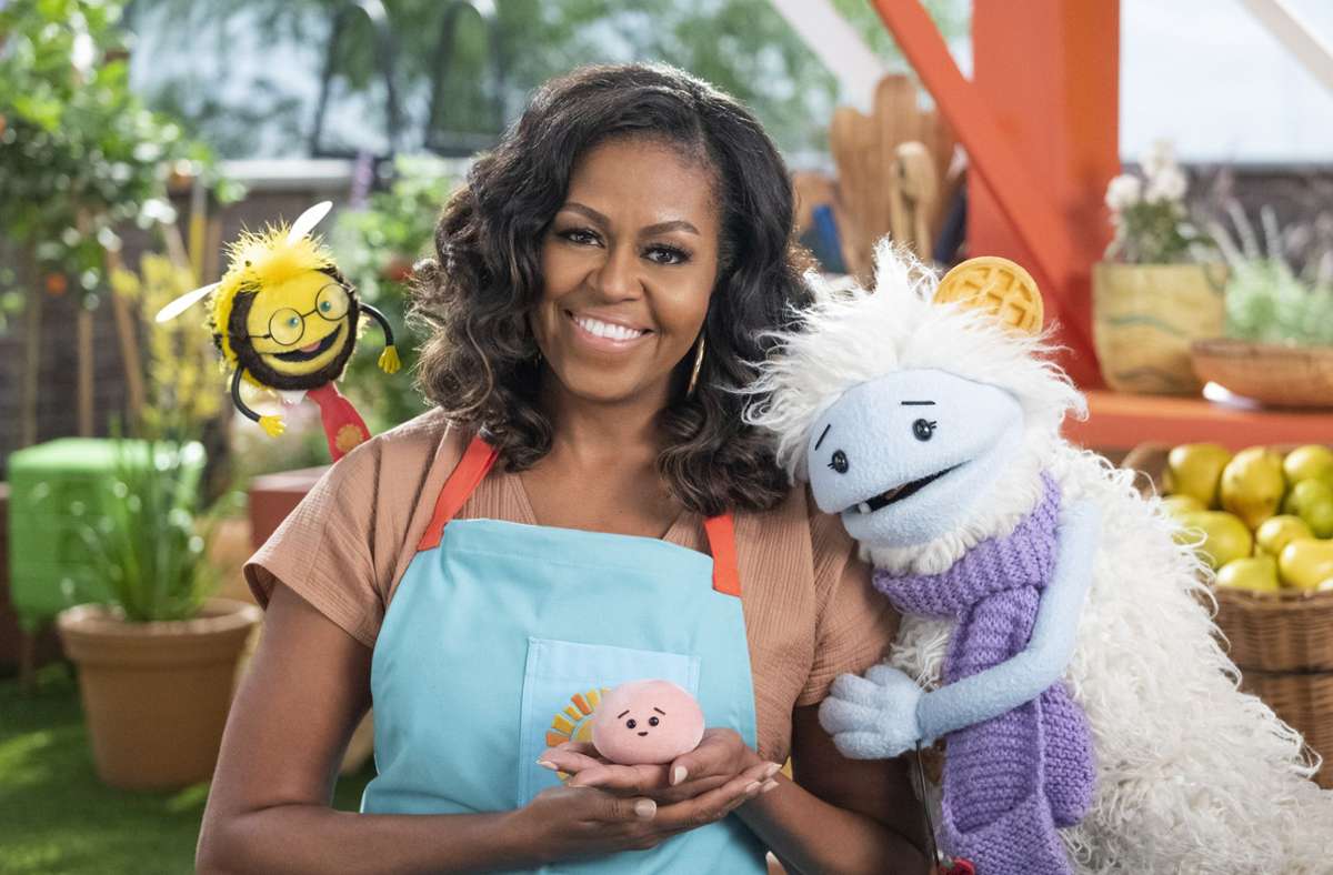 „Waffel und Mochi“: Michelle Obama mit der Biene Busy (links) und den beiden Protagonisten