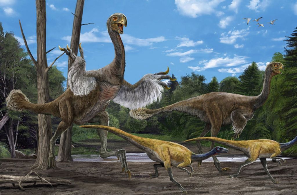 Die Illustration zeigt zwei gigantische, vogelähnliche Dinosaurier (Gigantoraptor elianensis) mit zwei kleineren Ornithomimids-Sauriern.