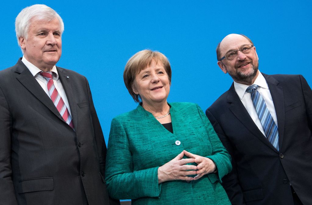 Bayerns Ministerpräsident Horst Seehofer, Bundeskanzlerin Angela Merkel und SPD-Chef Martin Schulz. In unserer Bildergalerie haben wir eine Übersicht über die mögliche Verteilung der Ministerposten. Klicken Sie sich durch.