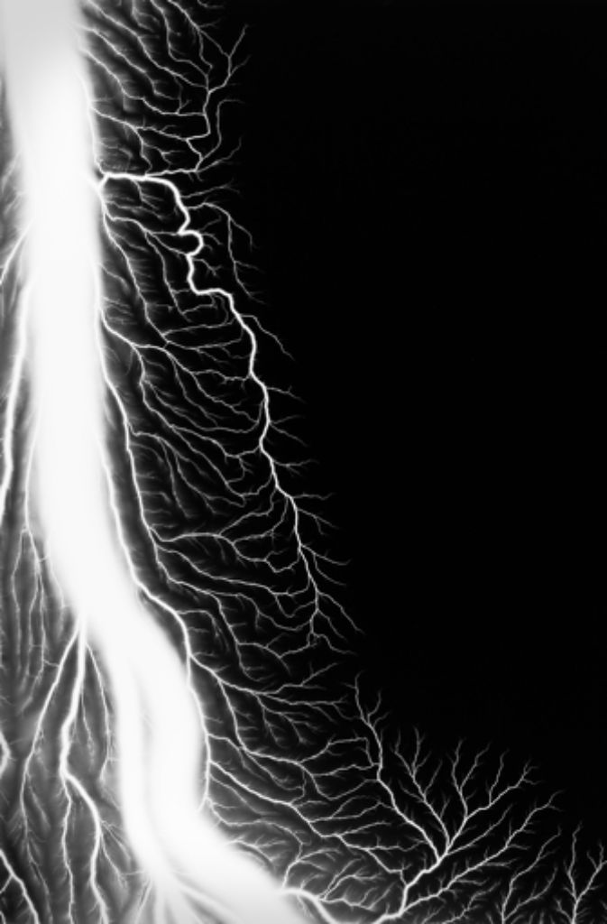 . . . die der japanische Fotograf Hiroshi Sugimoto später wieder aufgriff – zum Beispiel in diesem Bild mit dem Titel „Lightning Fields 216“ aus dem Jahr 2009. Im Unterschied zu Campbell-Swintons kleinformatigen Fotos ist dieses fast einen Meter hoch.