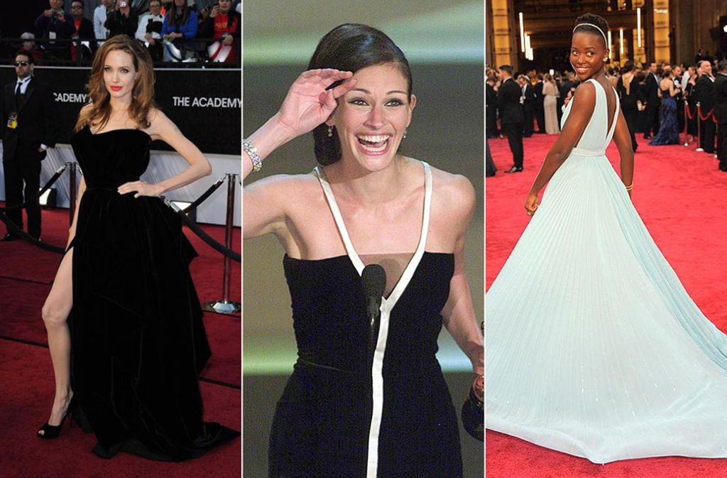 Drei unvergessliche Oscar-Looks (von links): Angelina Jolie in Versace, Julia Roberts in Valentino und Lupita Nyong’o in Prada.