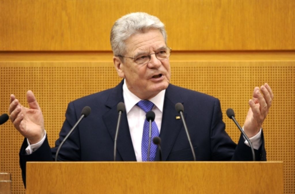 Bundespräsident Joachim Gauck spricht im Stuttgarter Landtag.