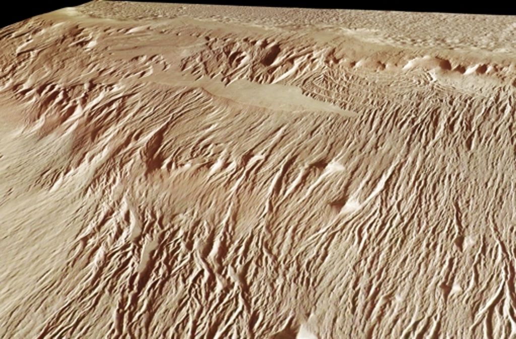 Wind und – vermutlich – Wasser haben die Marsregion Euminedes Dorsum geprägt. Die Rinnen sind mehrere Kilometer lang.