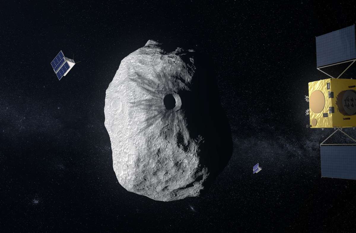 Die Mission soll aus zwei Raumsonden bestehen: der Nasa-Sonde DART („Double Asteroid Redirection Test“; englisch für: Doppel-Asteroiden Umleitungs-Test“) und der Esa-Sonde Hera 8 (rechts im Bild).