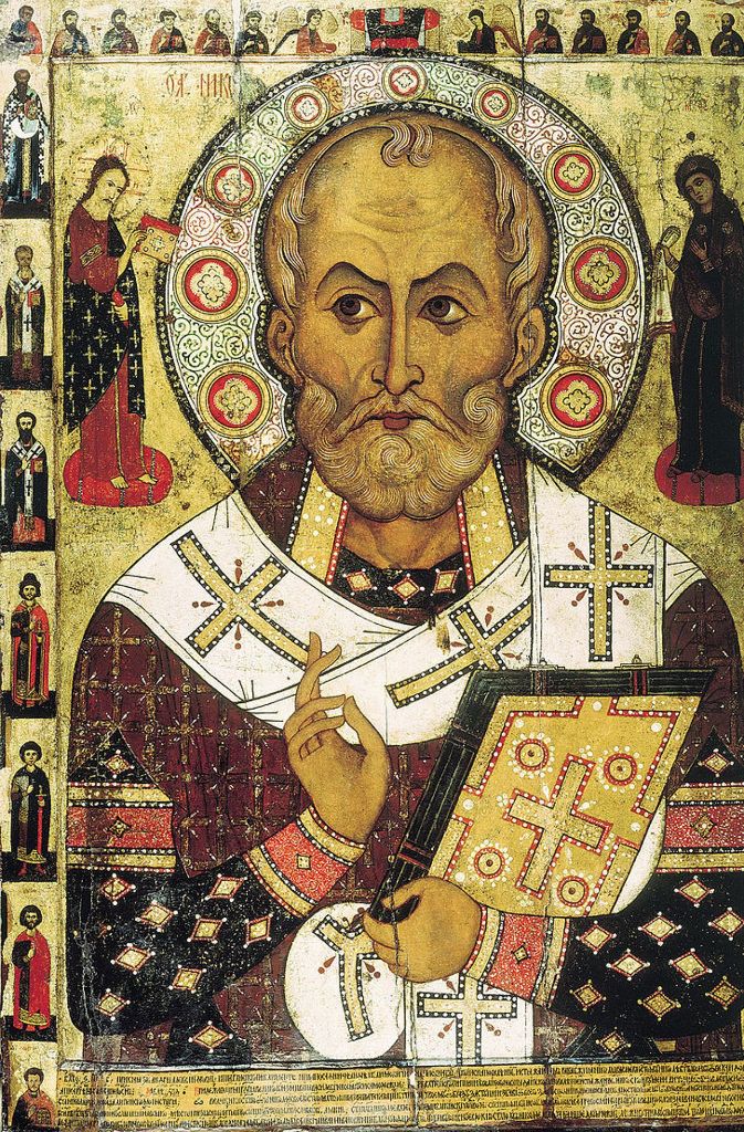 Der echte Nikolaus: Nikolaus von Myra (russische Ikone von Aleksa Petrov, 1294). Der Heilige wirkte in der ersten Hälfte des vierten Jahrhunderts als Bischof von Myra in der kleinasiatischen Region Lykien, damals Teil des römischen, später des byzantinischen Reichs, heute der Türkei.