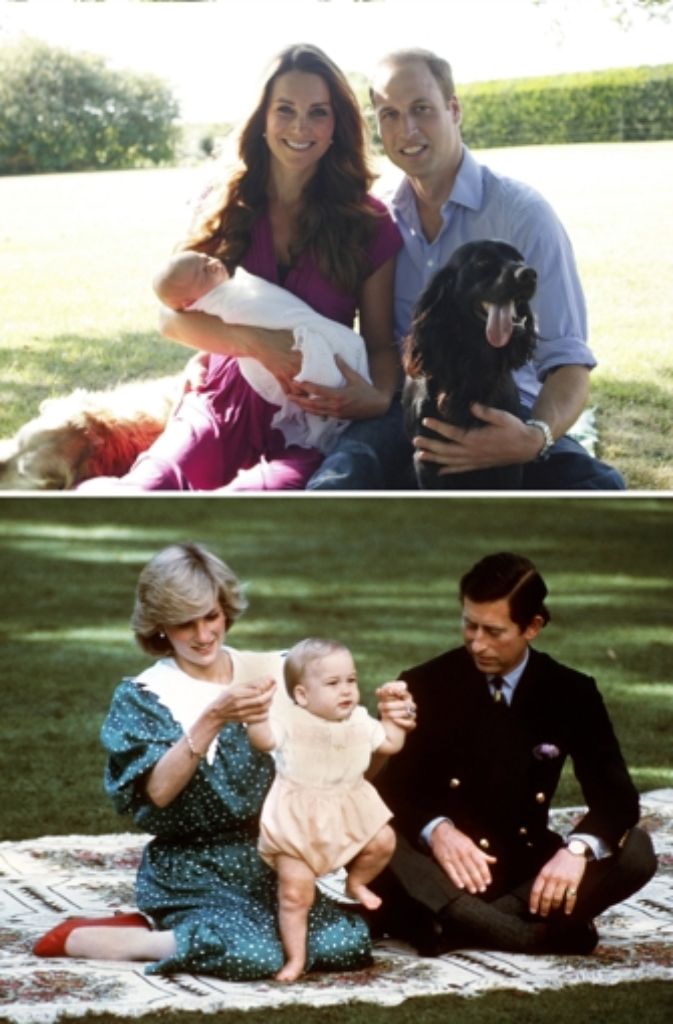 Die Bilder ähneln sich, doch das obere zeigt eine – hoffentlich – glückliche Familie. Charles scheint nach der Geburt von William mit seinem Nachfolger zu fremdeln.