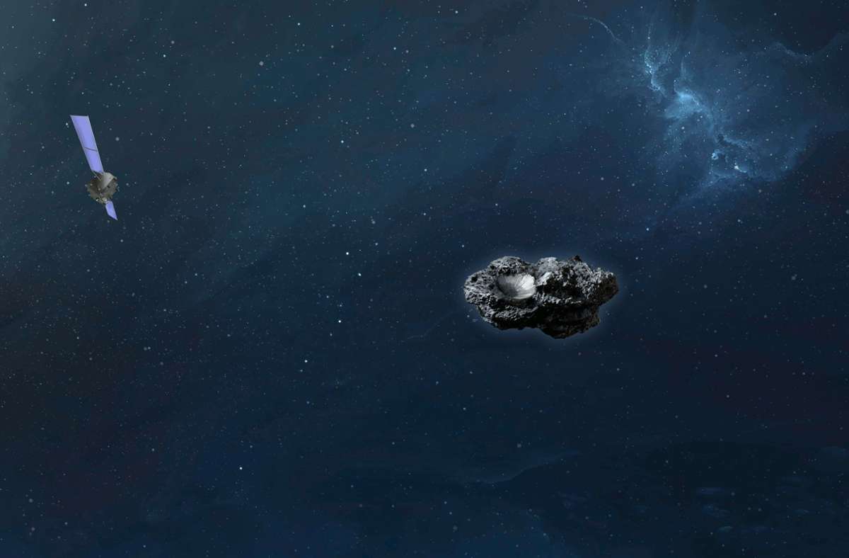 Die Computersimulation zeigt die Raumsonde Hera im Anflug auf den Asteroiden Didymoon. Foto: Mark Fittock OHB/OHB SE/dpa