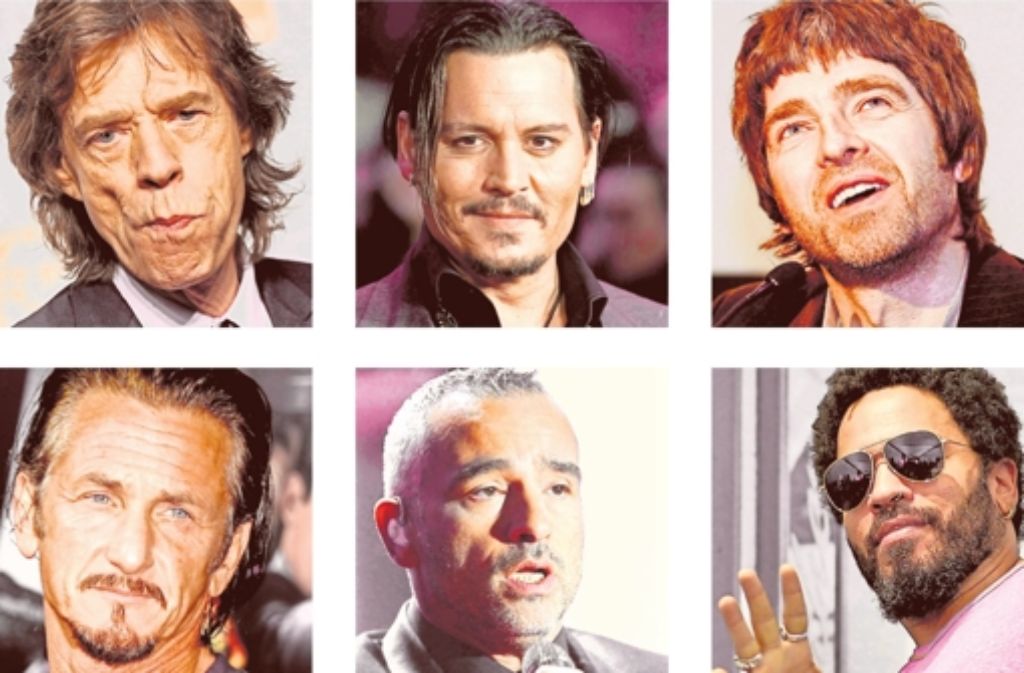 Mick Jagger, Johnny Depp, Noel Gallagher, Sean Penn, Eros Ramazzotti, Lenny Kravitz (von links oben): sie alle sind Väter von inzwischen ganz schön erwachsenen Töchtern.