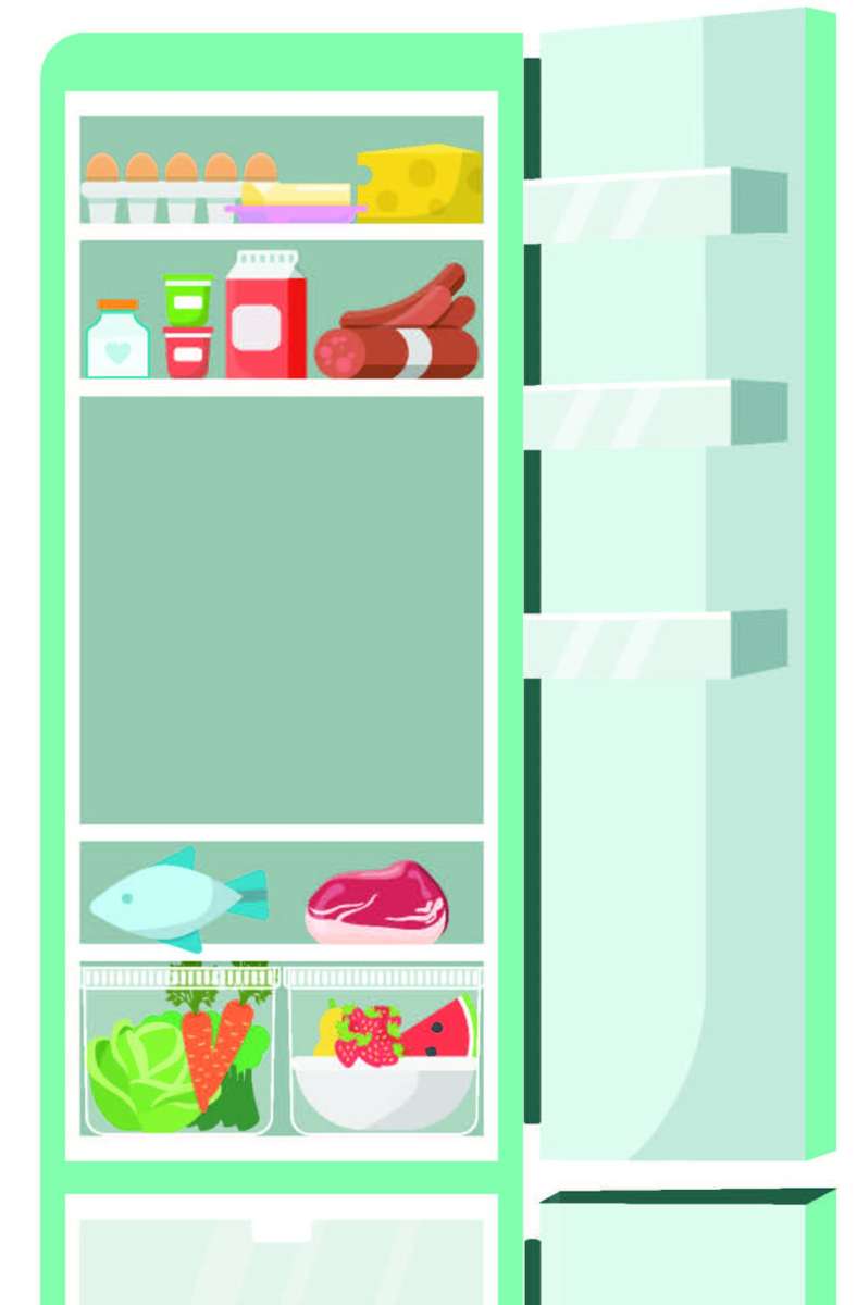 Kühlschranktüre: (Optimale Temperatur 10 Grad) Oben Butter und Eier lagern, in die mittleren Fächer der Kühlschranktüre gehören Marmeladengläser, Ketchup und Dressings, Dosen und Tuben. Ganz unten ist Platz für Wasser, Säfte und sonstige Getränke.