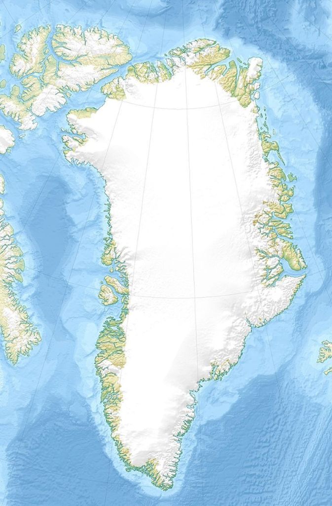 Karte von Grönland, mit rund 2,17 Quadratkilometern die größte Insel der Erde. 56 186 Menschen leben auf Grönland, dass mit einer Bevölkerungsdichte von 0,026 Einwohnern pro Quadratkilometer nach der Antarktika das am dünnsten besiedelte Land auf dem Planeten ist.