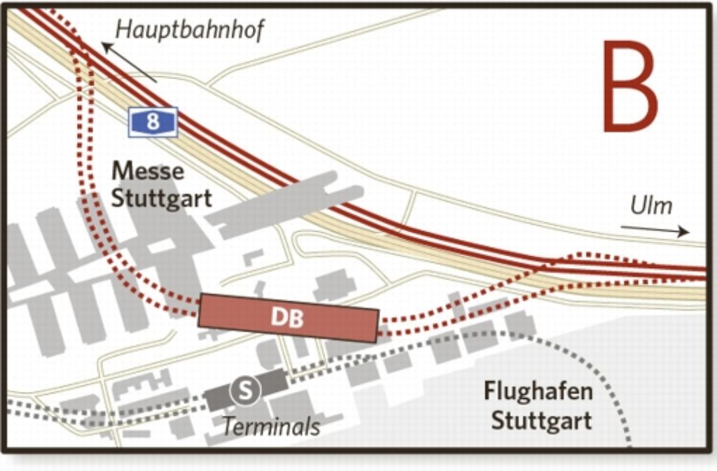 Variante 1 Gäubahn zum Hauptbahnhof über Bestandsstrecke: Die S-Bahnstrecke würde nicht belastet werden. Die Prämisse, alle Züge über den Flughafen zu führen, wäre bei dieser Variante nicht erfüllt.