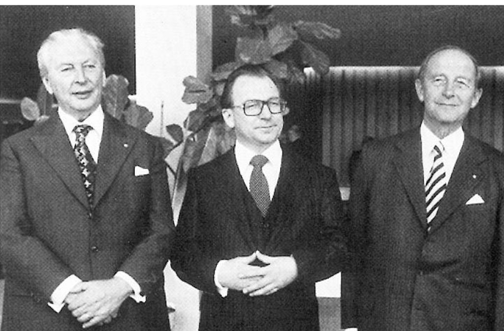 Kiesinger mit Lothar Späth und Hans Filbinger (von links), seinen Nachfolgern im Ministerpräsidentenamt