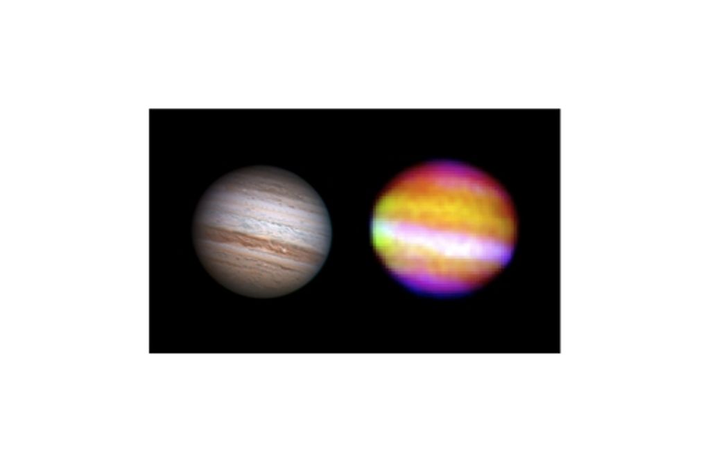 Zwei Ansichten des Gasplaneten Jupiter, des größten Planeten im Sonnensystem: links im normalen Licht, rechts im Infraroten – aufgenommen von Sofia.