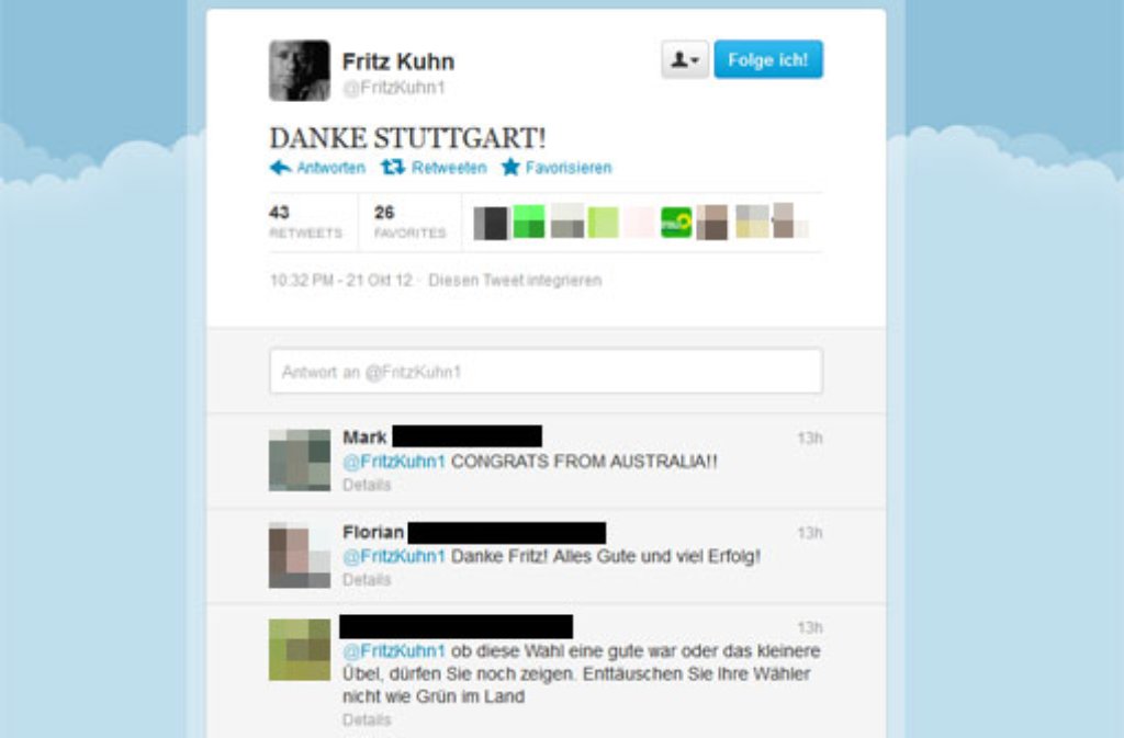Auf Twitter ein ähnliches Bild: 43 Mal wird Fritz Kuhns Post retweetet, 26 Mal favorisiert (Stand: 11.54 Uhr).