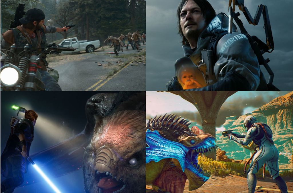 Days Gone, Death Stranding, Star Wars: Jedi Fallen Order und The Outer Worlds (von links nach rechts) – vier Titel, die in der Redaktion 2019 getestet wurden.