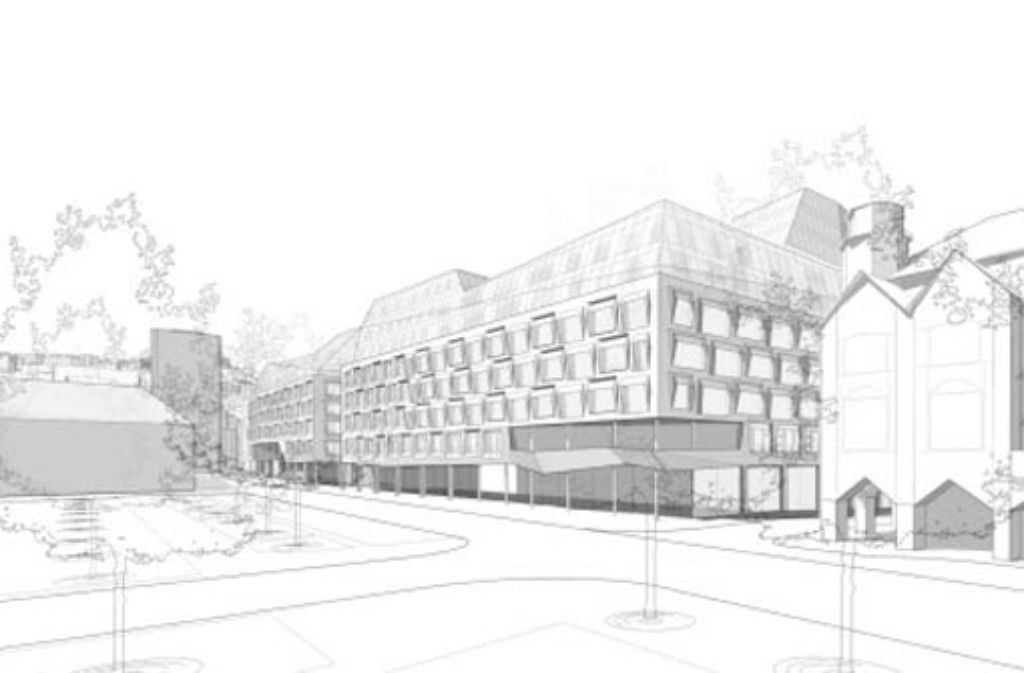 Die Skizze zeigt das geplante Hotel am Karlsplatz, rechts die alte Markthalle.
