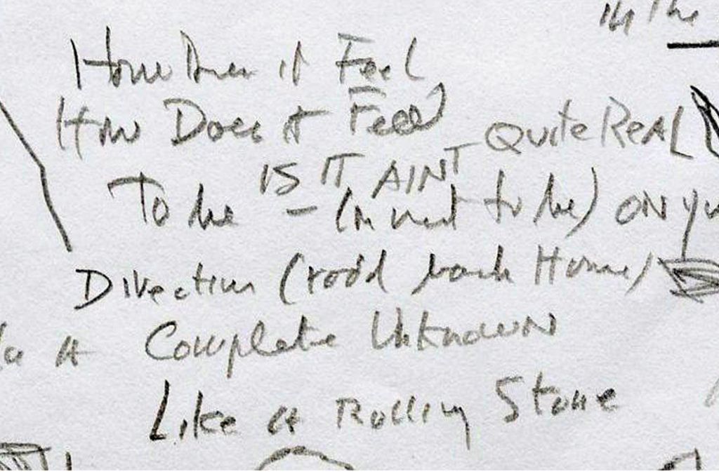 Ein Ausschnitt des Original-Manuskriptes von Bob Dylans Rocksong „Like a Rolling Stone“ aus dem Jahr 1965. Die Musikzeitschrift Rolling Stone kürte das Lied später zum „Greatest Song of all Time“